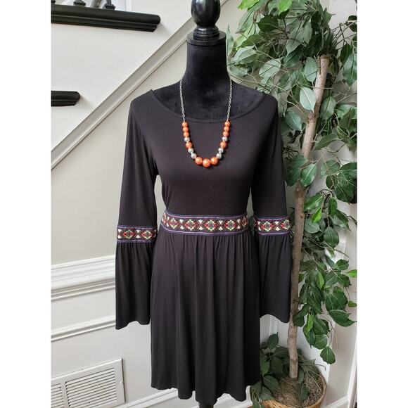 Peppermint Fit & Flare Dress Women M Black Rayon Embroidered Belted Boat Neck - Picture 1 of 13